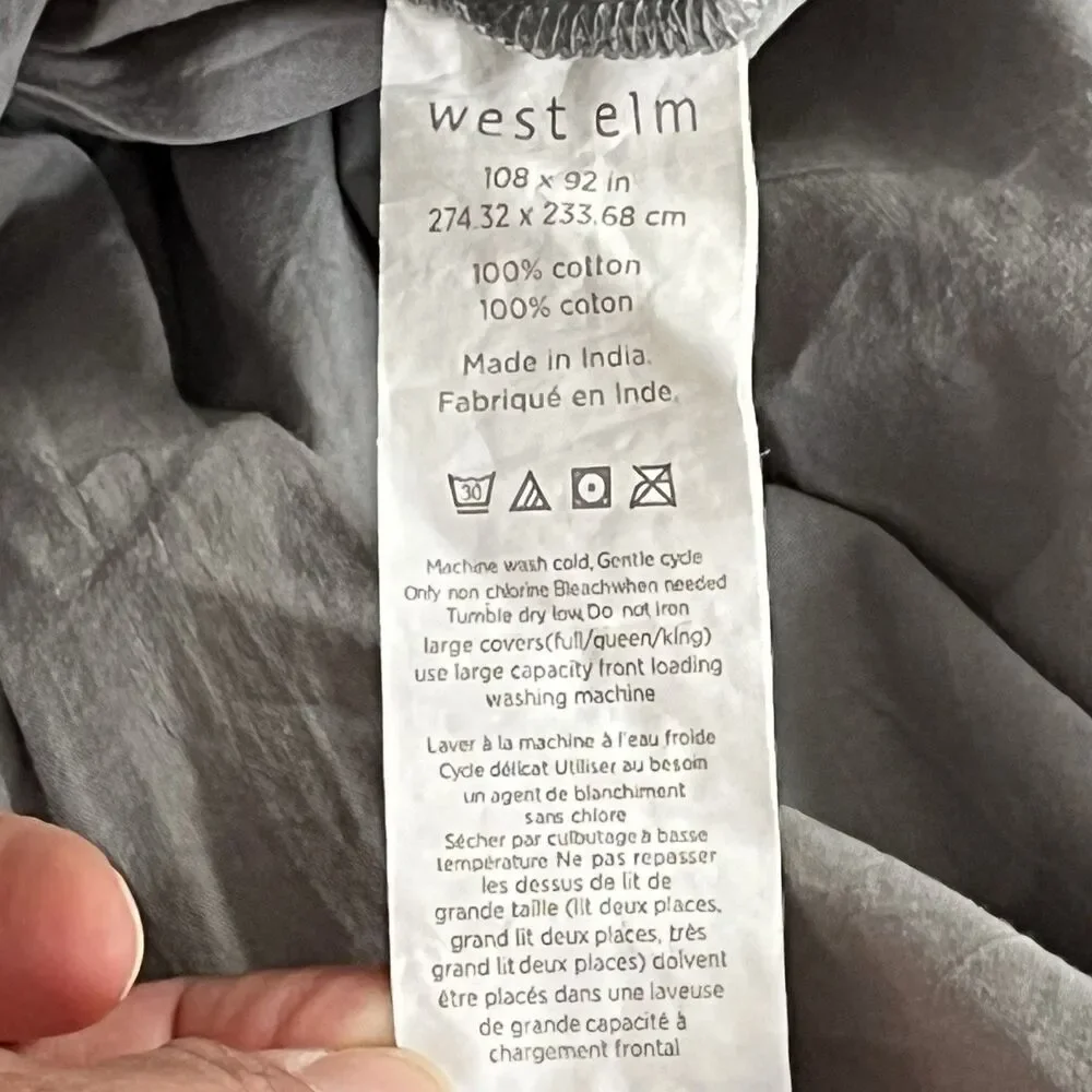 West Elm 100% Cotton Duvet Cover King Light Gray Button Closure Neutral Luxury